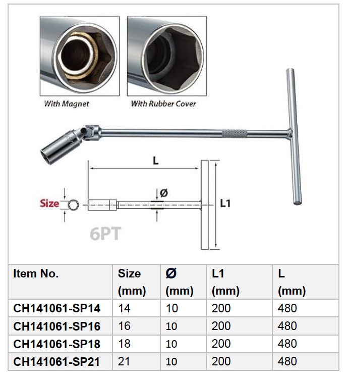 6PT Fixed T Type Universal Spark-Plug Socket Wrench